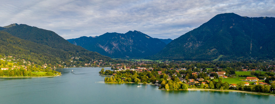 Tegernsee, Germany. Lake Tegernsee in Rottach-Egern (Bavaria), Germany near the Austrian border. Aerial view of the lake "Tegernsee" in the Alps of Bavaria. Bad Wiessee. Tegernsee lake in Bavaria.