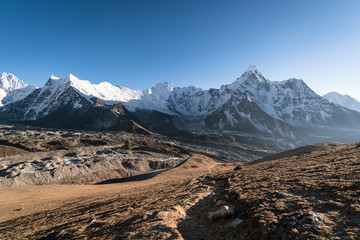 Stunning view of the Ama Dablam peak from the Chukung Ri viewpoint on the Everest base camp trek in the Himalayas in Nepal