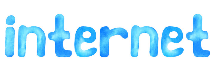 Internet. Watercolor word, hand painted in classic blue watercolor and isolated on a white background