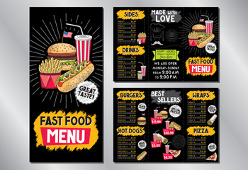 Fast food restaurant menu template (burgers, hot-dogs, tortilla wraps, pizza, fries, drinks, sets) - 3 x DL (99x210 mm)