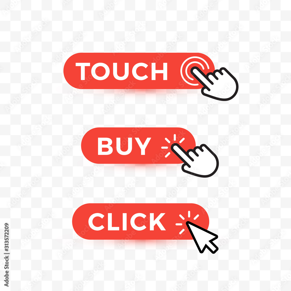 Poster Choice web buttons set. Touch, but and click text on rounded buttons with arrows or hand pointer. Isolated vector icons on transparent background.