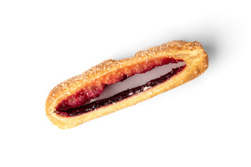Puff pastry with cherry or raspberry jam isolated on white background.