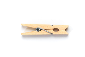 Brown wood clothes peg or clothespin on white background. - Image