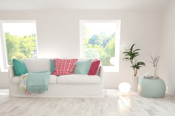Stylish room in white color with sofa and summer landscape in window. Scandinavian interior design. 3D illustration