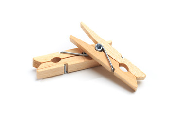 Brown wood clothes peg or clothespin on white background. - Image