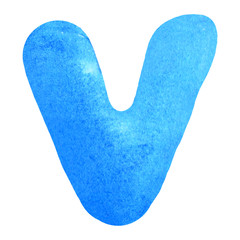 Monogram letter V made of watercolor. Classic blue hand drawn alphabet