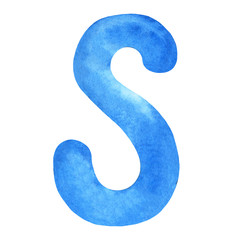 Monogram letter S made of watercolor. Classic blue hand drawn alphabet