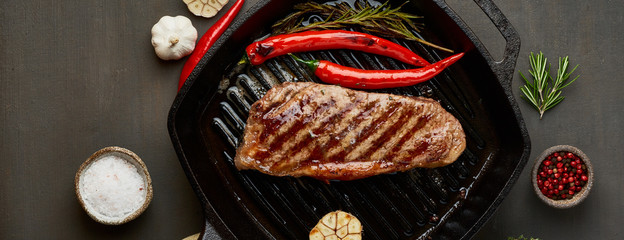Keto ketogenic diet beef steak, fried striploin on grill pan. Paleo food recipe with meat, seasoning