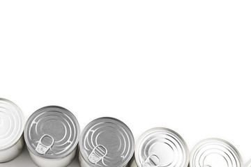 Group of silver canned food on white background.