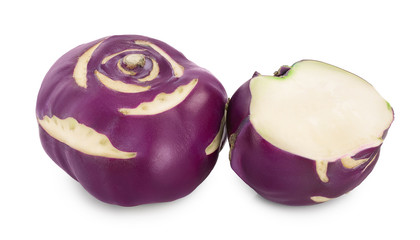 Cabbage kohlrabi and half isolated on white background closeup