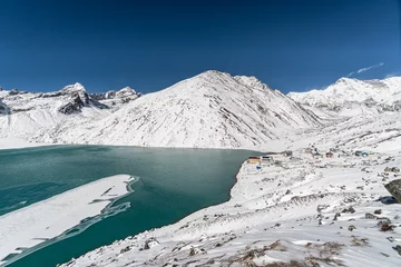 Cercles muraux Cho Oyu Stunning view of Gokyo on a sunny winter day with the Gokyo RI, the famous lake and the Cho Oyu peak in the Himalaya in Nepal. This is a popular side trip from Everest base camp