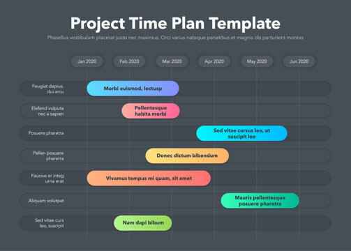 Modern business project time plan template with project tasks in time intervals - dark version. Easy to use for your website or presentation.