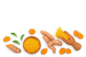 Turmeric powder and turmeric root isolated on white background with copy space for your text. Top...