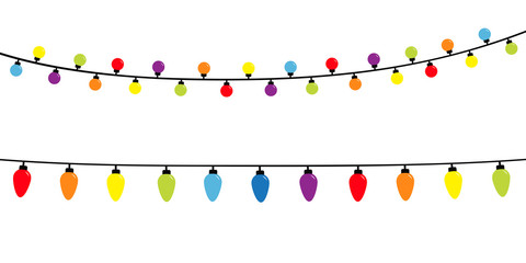 Christmas lights. Holiday festive xmas decoration. Lightbulb glowing garland. Colorful string fairy light set. Rainbow color. Flat design. White background. Isolated.