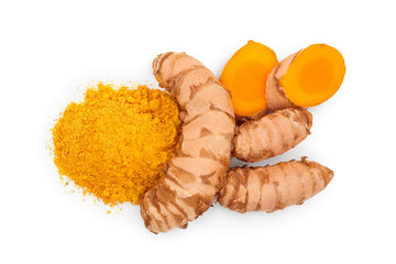 Turmeric powder and turmeric root isolated on white background. Top view. Flat lay