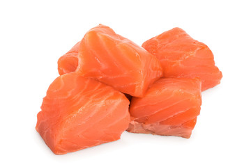 raw salmon piece cube isolated on white background close up
