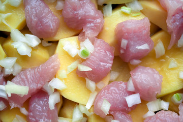 Top view of cutted raw slices of potato, meat and onion. Taste food photography, healthy food, natural