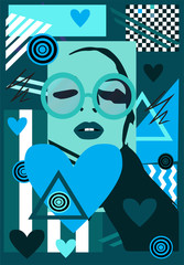 Valentine poster blue color with a girl wearing sunglasses and heart icons