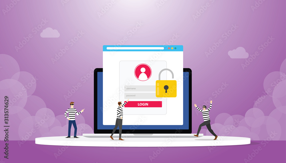 Poster stealing information data login password phishing with thief team with modern flat style - vector