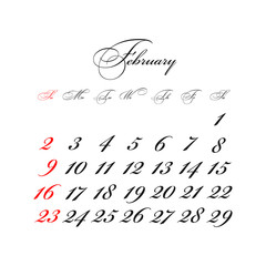February 2020 Calendar vector with calligraphic font