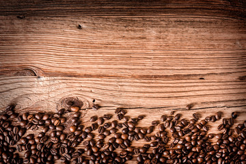 Coffee roasted beans background. Copy space for text.