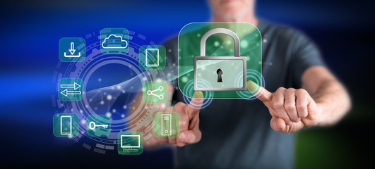 Man touching a digital security concept