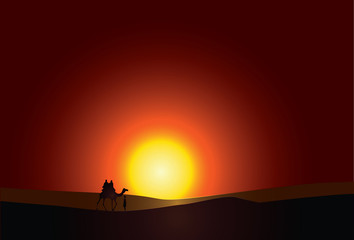 illustration. A lone traveler in the desert.with camel and evening sunlight