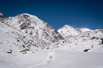 Das Gokyo-Tal mit dem Cho Oyu-Gipfel auf 8188 m im Himalaya in der Khumbu-Region in Nepal.