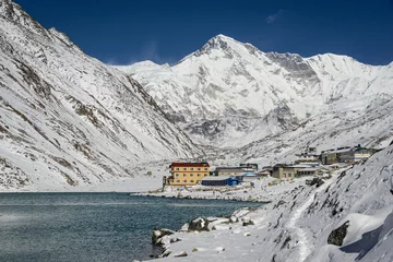 Photo sur Plexiglas Cho Oyu The Gokyo village by its famous lake with Gokyo Ri and the Cho Oyu peak in the Himalayas in Nepal. This is a important trekking center in the Everest region