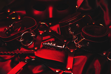 metal anal plug, leather handcuffs, whip, belt, choker and mask for role-playing erotic games. Set...