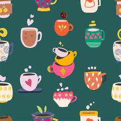 Set of various kettles. Hand drawn colored trendy vector seamless pattern on the green background. Eps 10.
