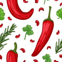 Seamless design food pattern. Backdrop with vegetable organic food. Background with pepper, rosemary and parsley leaf. Wallpaper for vegetarian cafe. Healthy food cover. Vector