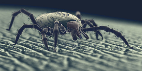 3d rendered illustration of a tick on human skin, sem style