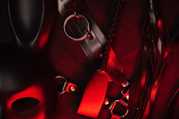 A set of toys for BDSM sex - leather Flogger, choker, mask