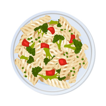 Vegetarian Pasta with Pepper and Broccoli Served on Plate Vector Closeup Illustration
