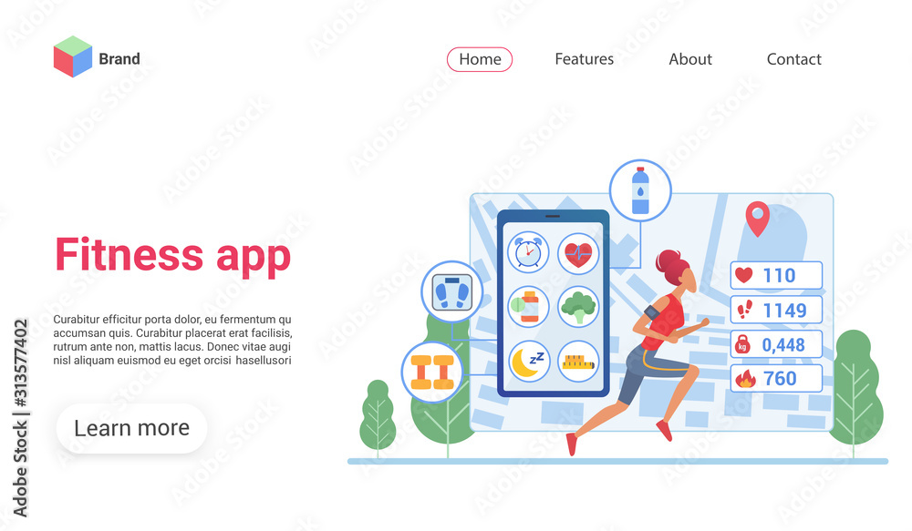 Poster fitness app landing page vector template. running tracking website interface idea with flat illustra