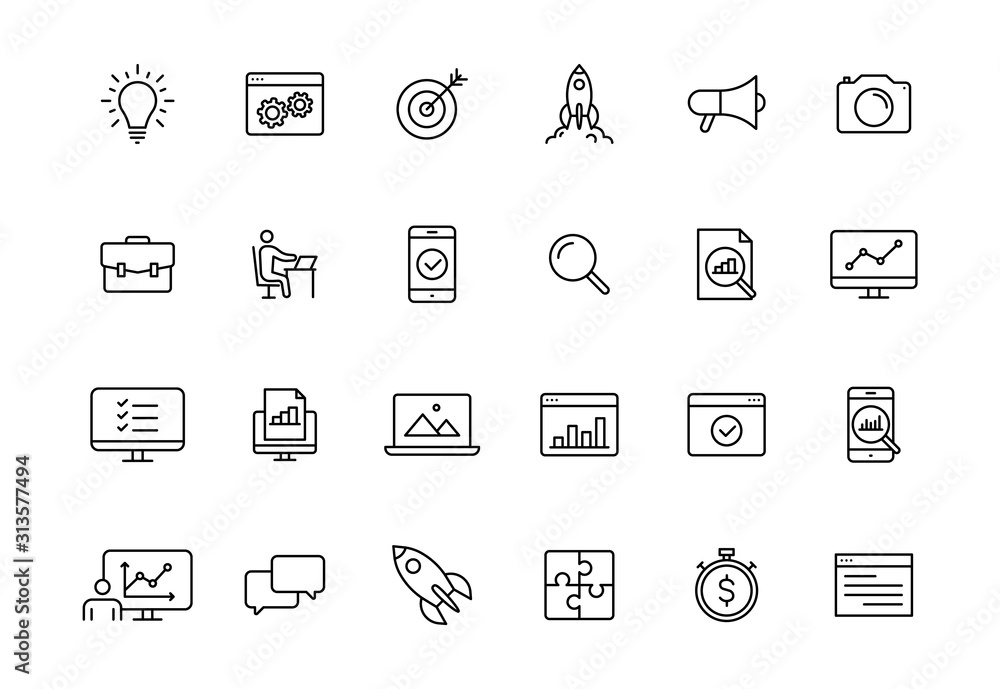 Poster set of 24 web development web icons in line style. marketing, analytics, e-commerce, digital, manage