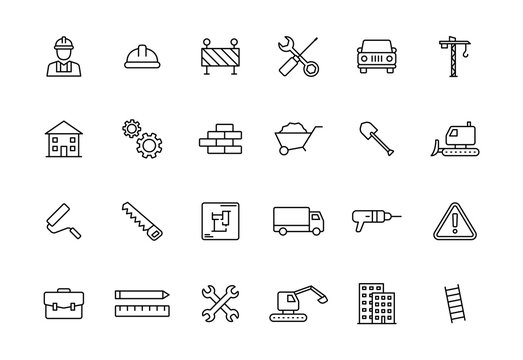 Set of 24 Construction web icons in line style. Building, engineer, business, road, builder, industry. Vector illustration.