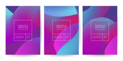 Set of template design of modern cover with a backdrop of an abstract purple color gradient elements. Layout for flyer, cover, poster or brochure. Abstract background flowing liquid shapes. Vector.