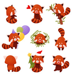 Cartoon Red Panda Character Doing Different Activities Vector Set
