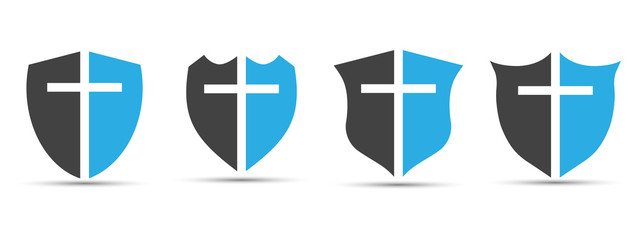 Christian cross and shield of faith. Christian church vector logo. Missionary icon. Religious symbol. Protection, safety, security sign.