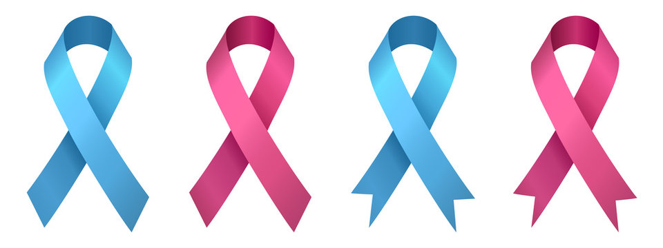 set pink and blue ribbons, breast cancer, prostate cancer, vector illustration on a white background.