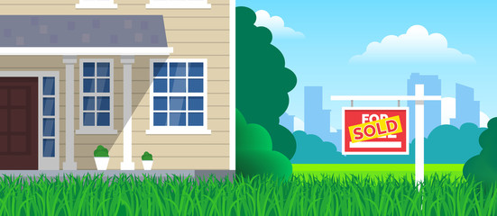 house for sale sold sign on lawn grass  real estate investment concept