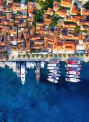 Fototapeta na wymiar Dubrovnik, Croatia. Aerial landscape. Town and sea. Top view from drone on the old castle and azure sea. Travel - image