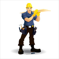 Friendly carpenter, he is dressed in work clothes