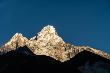 Last light over the stunning Ama Dablam peak from Pangboche in the Himalayas in the Khumbu in Nepal