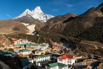 Fototapeta na wymiar Pangboche village with many tea houses and lodges at the feet of the Ama Dablam peak along the Everest base camp trek in the Himalayas in Nepal