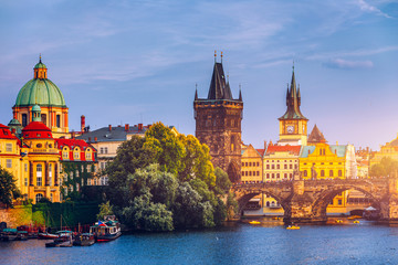 Fototapeta premium Charles Bridge, Old Town and Old Town Tower of Charles Bridge, Prague, Czech Republic. Prague old town and iconic Charles bridge, Czech Republic. Charles Bridge (Karluv Most) and Old Town Tower.