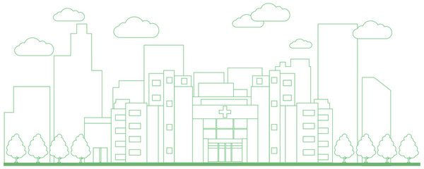 イラスト素材　　病院　背景　ライン　線画　セット　ベクター