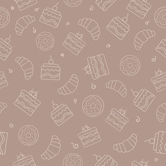 Croissant, cupcake with cherry, donut with glaze. Line drawing bakery icons on beige-pink background. Seamless pattern. Suitable for packaging ,wallpaper, textile.	